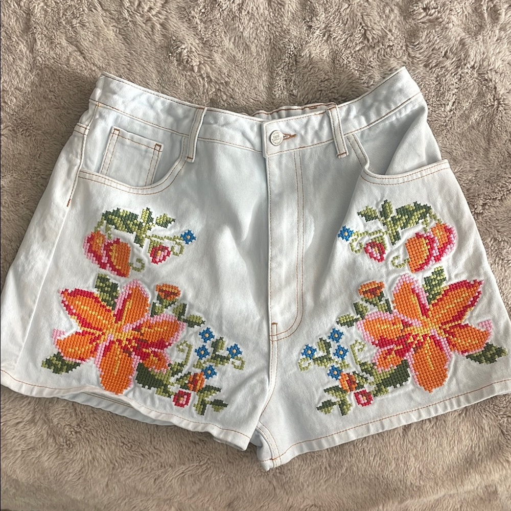 FARM Rio White and Orange Jean Shorts with Floral Embroidery